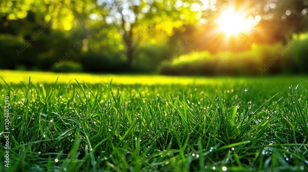 Lush green grass with morning dew, sunlit park background. Lush green grass with morning dew, sunlit park background.