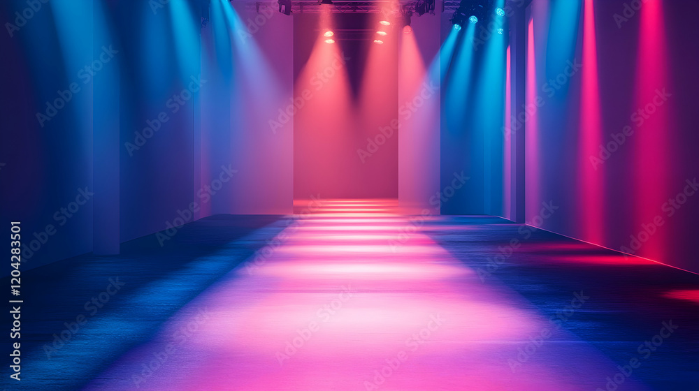 Colorful runway illuminated with vibrant spotlights Colorful runway illuminated with vibrant spotlights