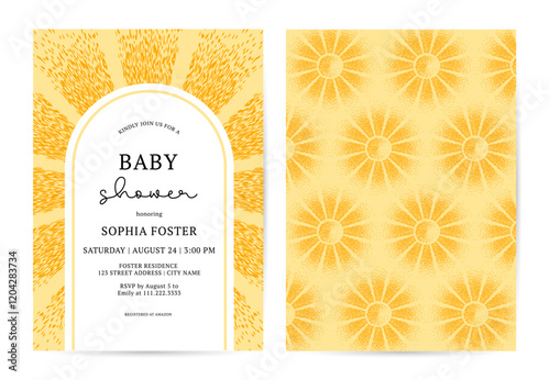 A little Ray of Sunshine is almost here. Baby Shower card design with Yellow Sun shines Rays of Light. Cute card for birthday, greetings, party invitation. Vector illustration
