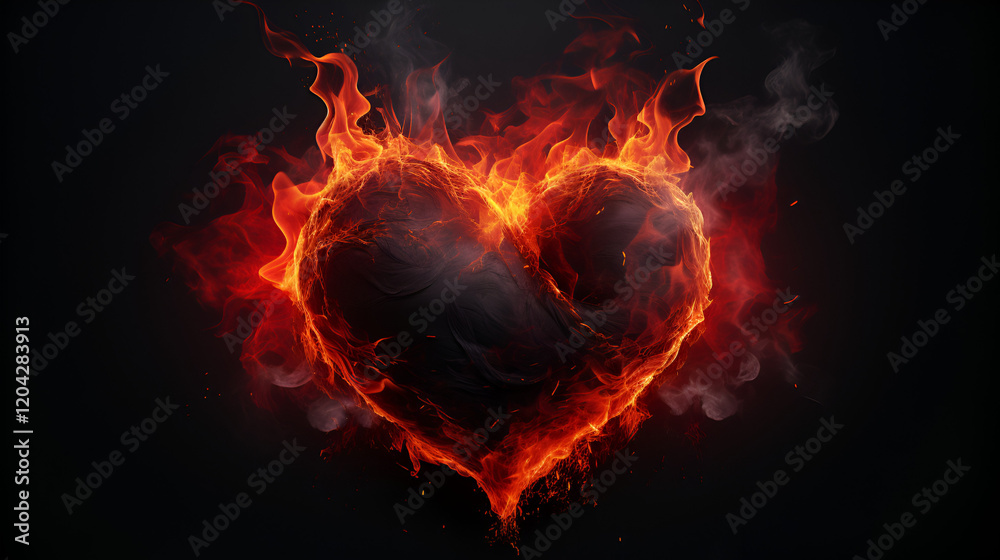 Fototapeta premium Valentine's Day artwork featuring a burning heart engulfed in intense flames, symbolizing passion and love