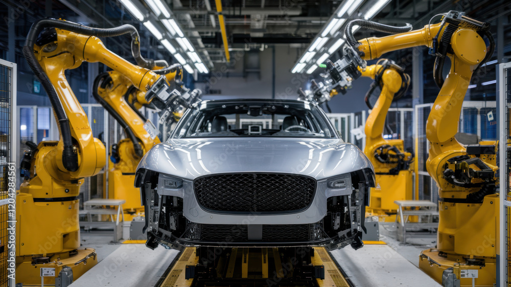 A car that is assembled at a factory using robotic arms. Robotic arms carefully place the parts on the car. The factory floor is clean and well lit. A car that is assembled at a factory using robotic arms. Robotic arms carefully place the parts on the car. The factory floor is clean and well lit.
