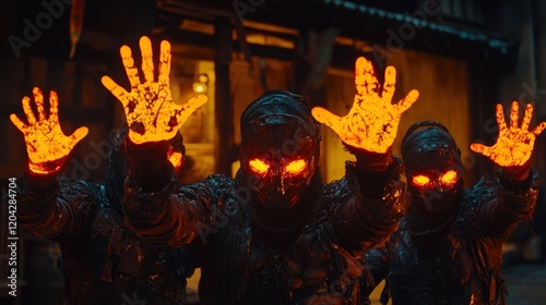 Mysterious Aliens with Glowing Hands Raised in Front of the Camera