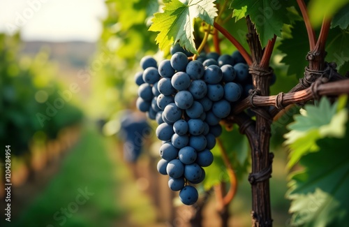 Closeup view of bunch of ripe dark blue grapes hanging from vine in vineyard. Sunlight shines on grapes. Green leaves of vine visible. Background shows grapevines, blurred landscape. Ripe harvest