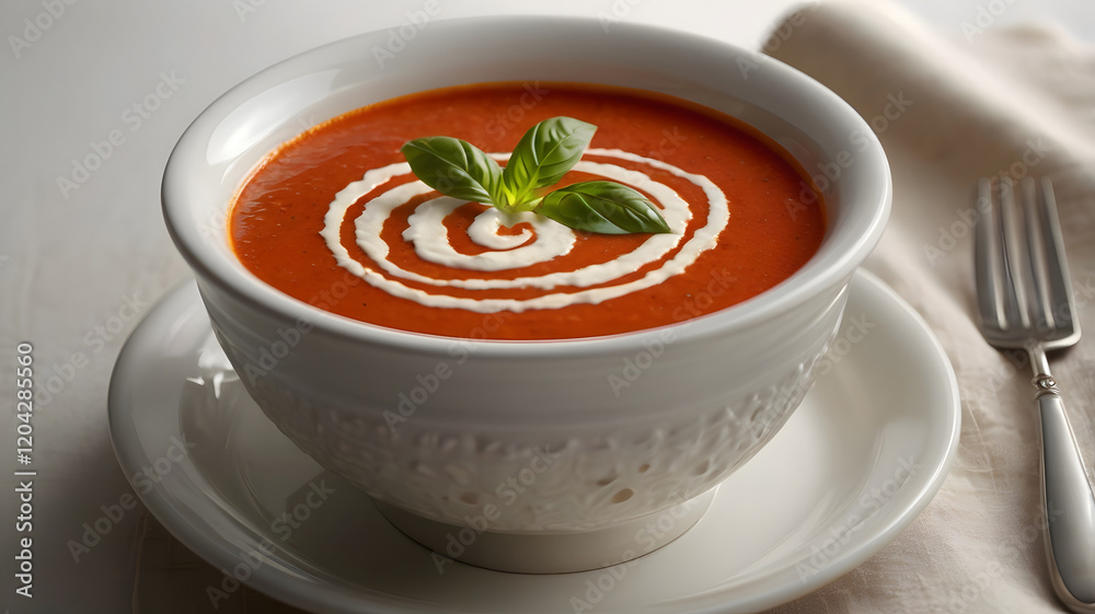 Creamy Tomato Basil Soup: A bowl of freshly made tomato basil soup, garnished with a swirl of cream and a sprig of fresh basil. Creamy Tomato Basil Soup: A bowl of freshly made tomato basil soup, garnished with a swirl of cream and a sprig of fresh basil.