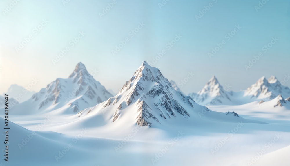 Obraz premium Snowy mountain peaks stand out against clear sky. Minimalist 3d rendering winter landscape. Soft shadows create tranquil atmosphere. High resolution image evokes peaceful nature scene. Perfect for