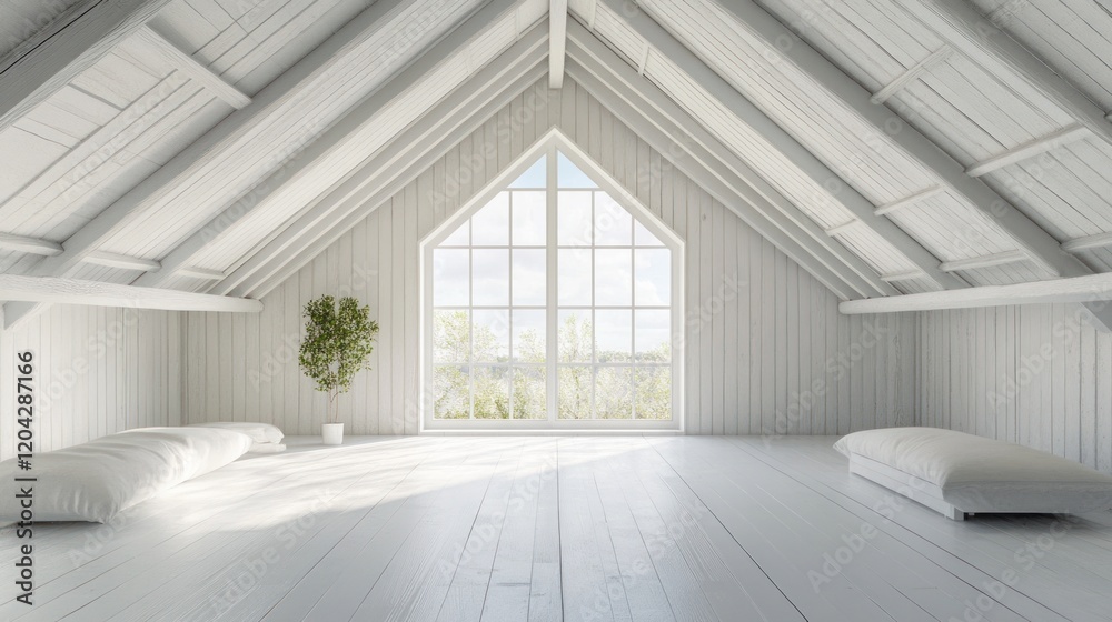 Serene White Attic Room with Large Window and Natural Light Serene White Attic Room with Large Window and Natural Light