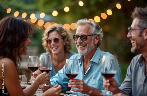 Group of mature people enjoy wine on summer terrace. Friends celebrate together outdoors. Happy, laughing. Relaxed atmosphere. Looks like party social gathering. Outdoor eatery bar. Evening time.