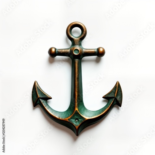 Nautical anchor design. Decorative object. Classic sea symbol. Decorative nautical art. Vintage design. Metal anchor. Green, copper color. Stylish item for wall decor. Elegant design element. Heavy photo