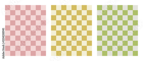 Set of three seamless endless patterns in pastel muted colors. Dirty pink, mustard, soft green checkerboard for fabric design, kitchen towels, wrapping paper, notebook cover. Vector squares. photo