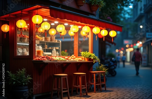 Fototapeta Naklejka Na Ścianę i Meble -  Small food stall at night on street in Asia. Orange lanterns light up stall. Counter glass display case, stools for customers. Fresh fruits, vegetables displayed. People walk by on street. Night