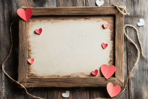 Rustic wooden frame with blank space decorated with red and white paper hearts, twine, and wooden background, creating a romantic setting for valentine's day