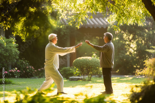 Two elderly men practicing tai chi chuan in a serene garden, enjoying the tranquility and health benefits of this ancient Chinese martial art photo