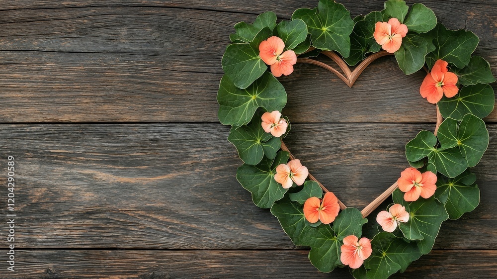 Nasturtium A heart-shaped floral arrangement made of greenery and peach flowers on a wooden background. Nasturtium A heart-shaped floral arrangement made of greenery and peach flowers on a wooden background.