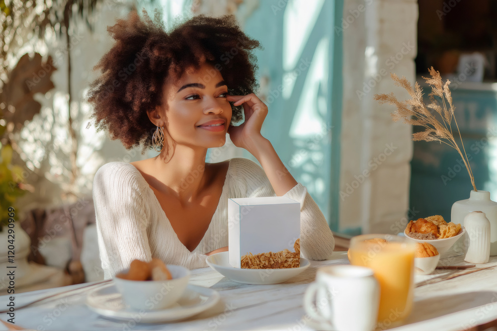 Smiling black woman advertising cereal brand while having breakfast at home, healthy lifestyle and food advertising concept