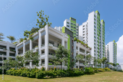 Multi-storey carparks in Chai Chee HDB Estates, Singapore. The carpark is designed to address the limited space and high demand for parking in the densely populated city-state photo