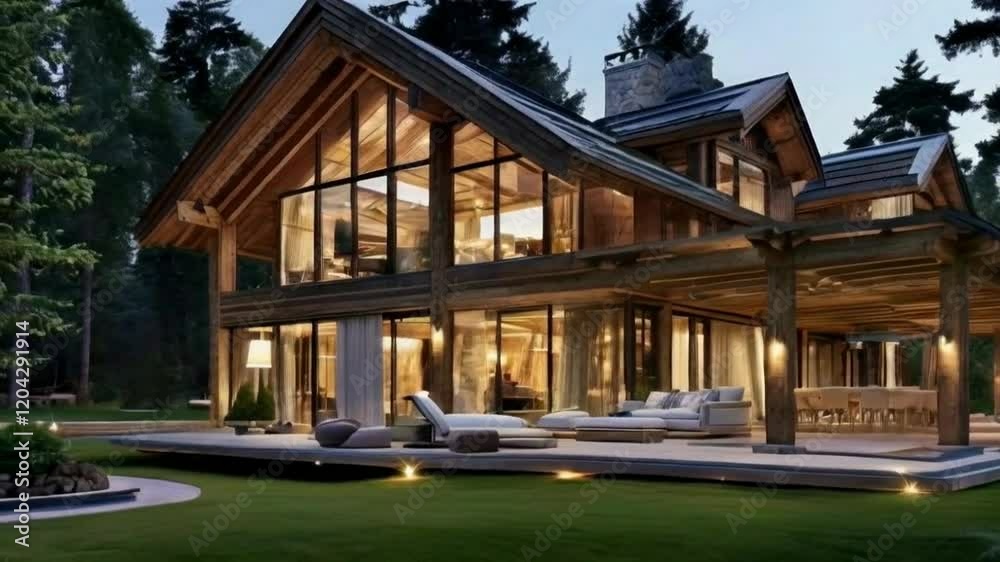 A large, wood-clad house with a porch and a multi-paneled roof is shown A large, wood-clad house with a porch and a multi-paneled roof is shown