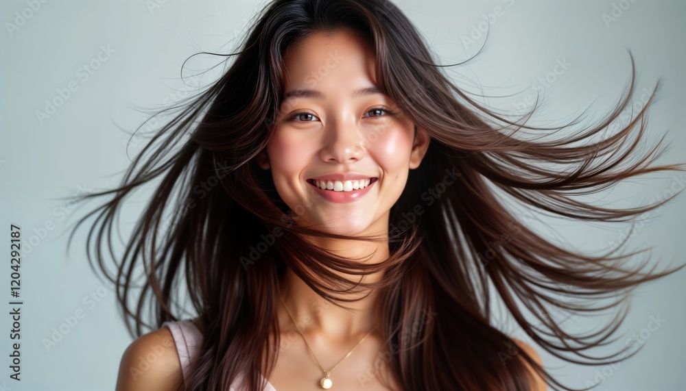 Young Asian woman with beautiful long hair shaking in motion. Close-up portrait isolated on white background. Attractive model with happy expression. Possible ad for hair care products. Trendy beauty Young Asian woman with beautiful long hair shaking in motion. Close-up portrait isolated on white background. Attractive model with happy expression. Possible ad for hair care products. Trendy beauty