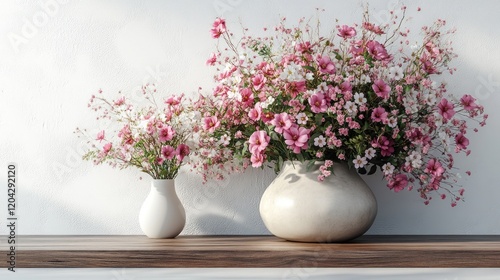 Wallpaper Mural A serene display of vibrant pink and white flowers in decorative vases on a wooden table against a wall Torontodigital.ca