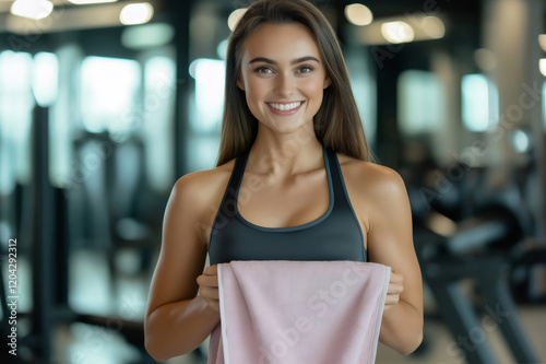 Smiling sportswoman holding a pink towel while enjoying her workout in the gym, embodying fitness and a healthy lifestyle Free Download Smiling sportswoman holding a pink towel while enjoying her workout in the gym, embodying fitness and a healthy lifestyle - GFXLoad