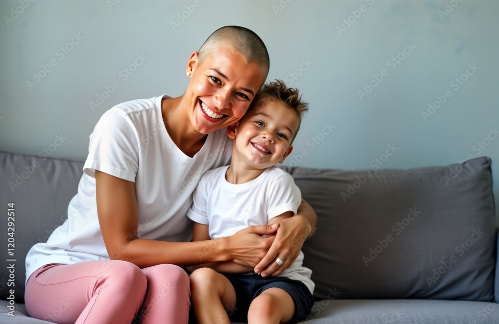 Smiling young mother, son cuddle on couch. Family love, support concept. Positive moment for cancer patient, child. Home setting. Authentic photo. Woman alopecia from illness. Mother strength shines Smiling young mother, son cuddle on couch. Family love, support concept. Positive moment for cancer patient, child. Home setting. Authentic photo. Woman alopecia from illness. Mother strength shines