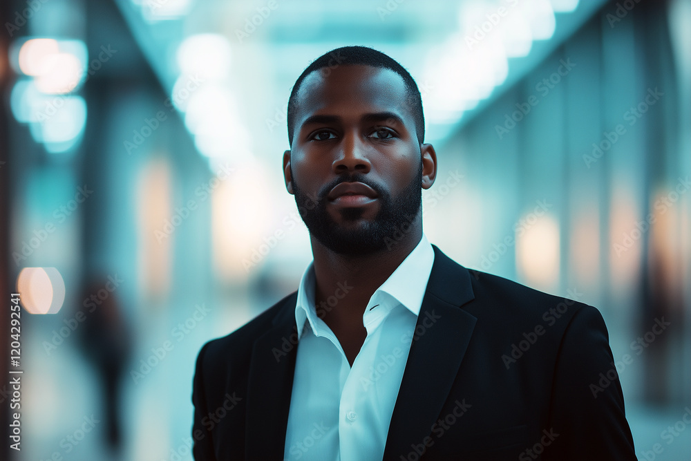 A man in a suit and tie stands in a hallway. Generative Ai. A man in a suit and tie stands in a hallway. Generative Ai.