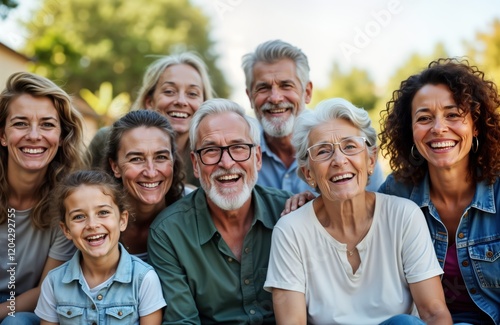 Multigenerational group poses outdoors. Diverse family members smile happily at camera. Seniors, adults, children close together. Relaxed, cheerful family enjoying sunny day in park. Strong bonds,