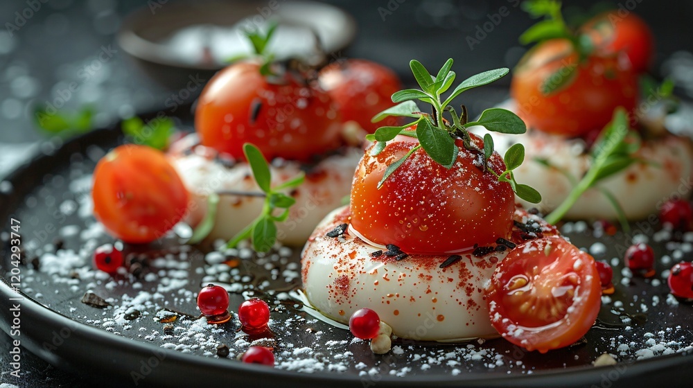 Tempting mozzarella cheese slices covered by tomatoes and herbs placed in a pan Tempting mozzarella cheese slices covered by tomatoes and herbs placed in a pan