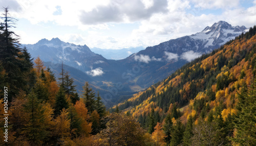 Stunning Autumn Mountain Valley Landscape with Golden Trees