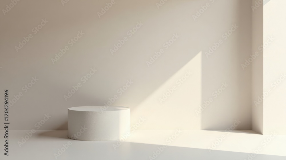 Fototapeta premium Empty cylindrical pedestal in a minimalist room with sunlight streaming through a window