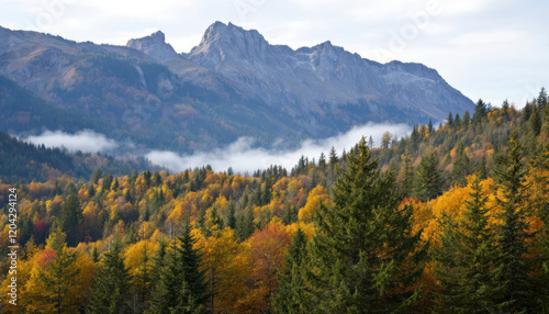 Autumn Mountain Landscape with Golden Trees and Fog
