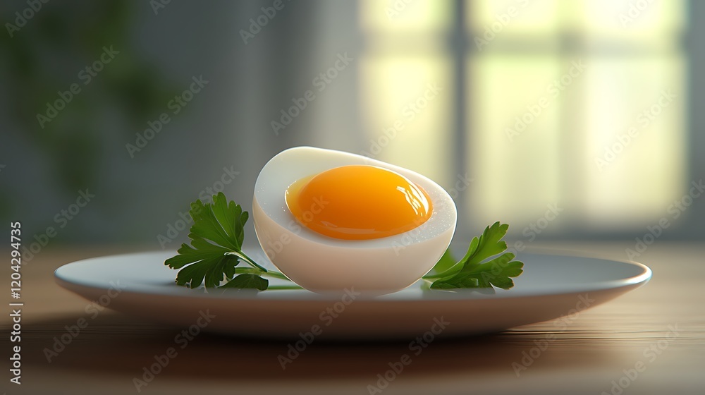 A hard-boiled egg halved to reveal its bright yolk, served on a plate with a garnish of fresh parsley. A hard-boiled egg halved to reveal its bright yolk, served on a plate with a garnish of fresh parsley.