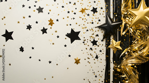 Festive gold and black corner decorations with stars and streamers for New Yeara??s celebrations photo