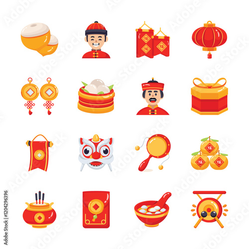 A set of colorful flat style icons depicting various traditional Chinese New Year elements.