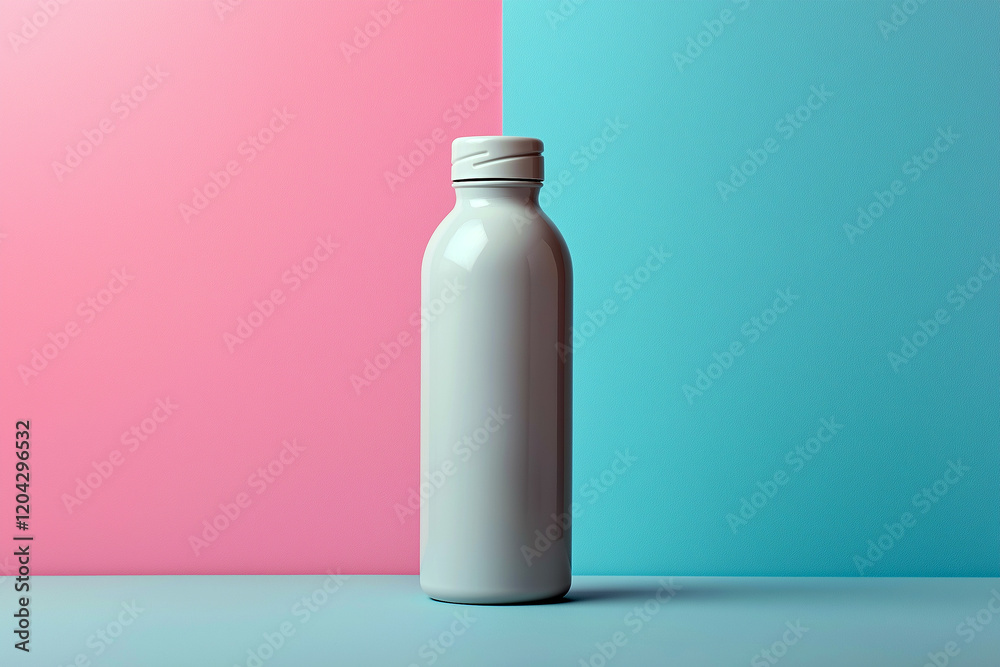 A bottle of liquid is sitting on a blue and pink background. Generative Ai. A bottle of liquid is sitting on a blue and pink background. Generative Ai.