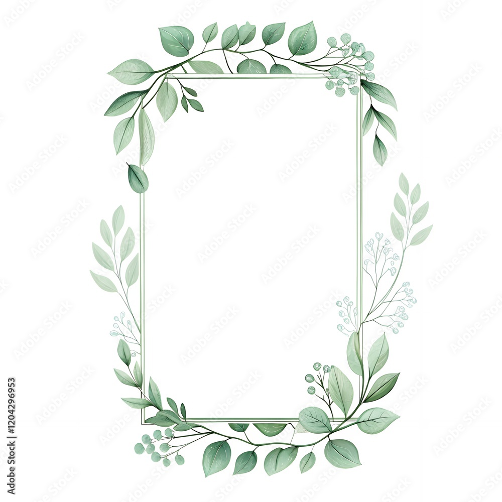 Obraz premium Elegant Greenery Frame Botanical Border Watercolor Leaves Wedding Invitation Design Floral Rectangle