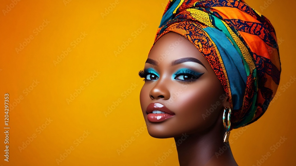 Naklejka premium A captivating portrait of a confident woman showcasing vibrant makeup and a colorful headwrap, ideal for Black History Month promotions or beauty campaigns.