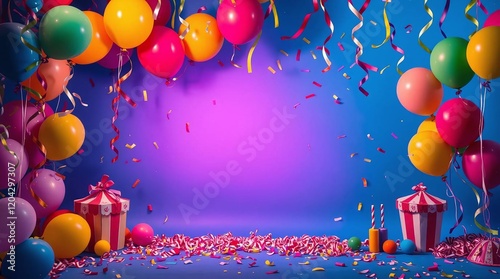 birthday party background with balloons and confetti