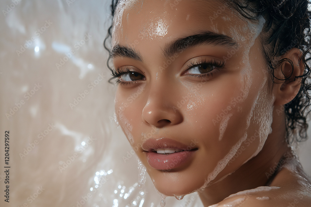 A woman with long hair is washing her face with soap. Generative Ai. A woman with long hair is washing her face with soap. Generative Ai.