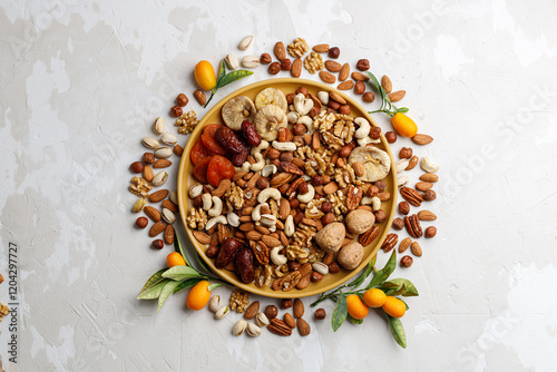 Mix of dry fruits and nuts, branch with young green leaves. Concept of the Jewish holiday Tu Bishvat photo