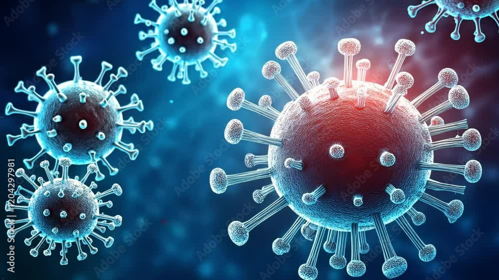  virus cells as a concept; abstract photo of the coronavirus molecule on blue technological 
