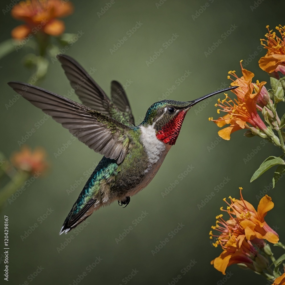 Naklejka premium A hummingbird in mid-flight sipping nectar.