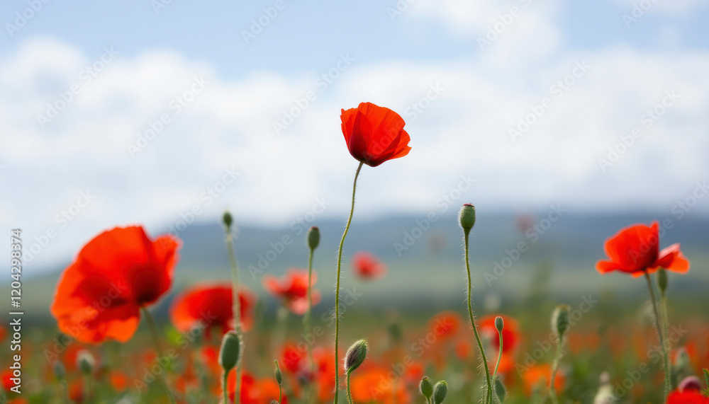 Naklejka premium Vibrant Red Poppies Field Summer Landscape