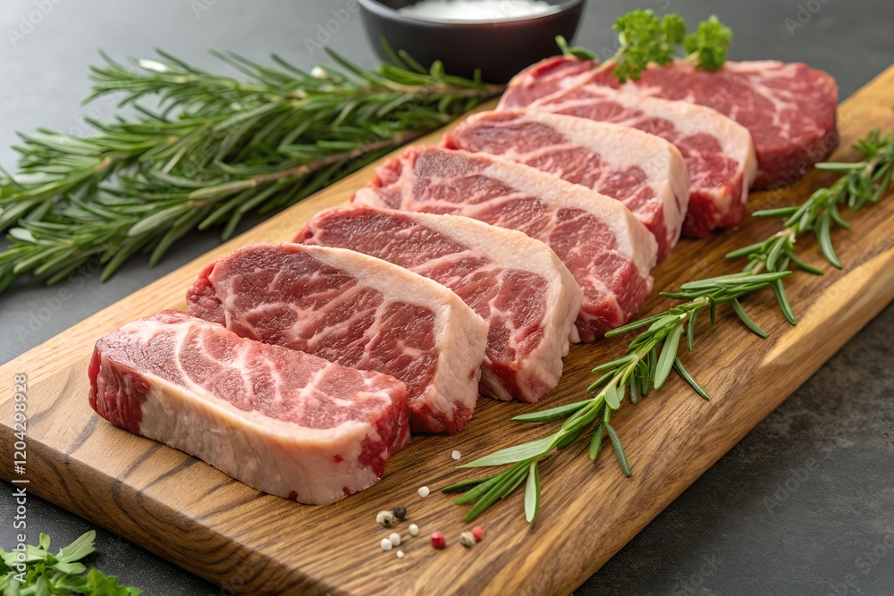 Fresh Cuts of Meat Displayed with Garnishes and Small Bowl of Berries Fresh Cuts of Meat Displayed with Garnishes and Small Bowl of Berries