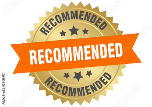 recommended. recommended round orange and gold label isolated on transparent background