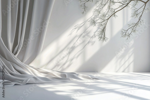 A white curtain hangs in front of a window, casting a shadow on the wall. Generative Ai.
