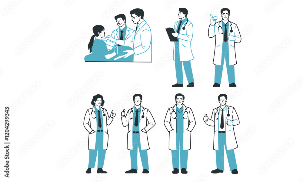 Silhouettes of medical professionals in lab coats with stethoscopes, clipboards, and patient interaction. Silhouettes of medical professionals in lab coats with stethoscopes, clipboards, and patient interaction.