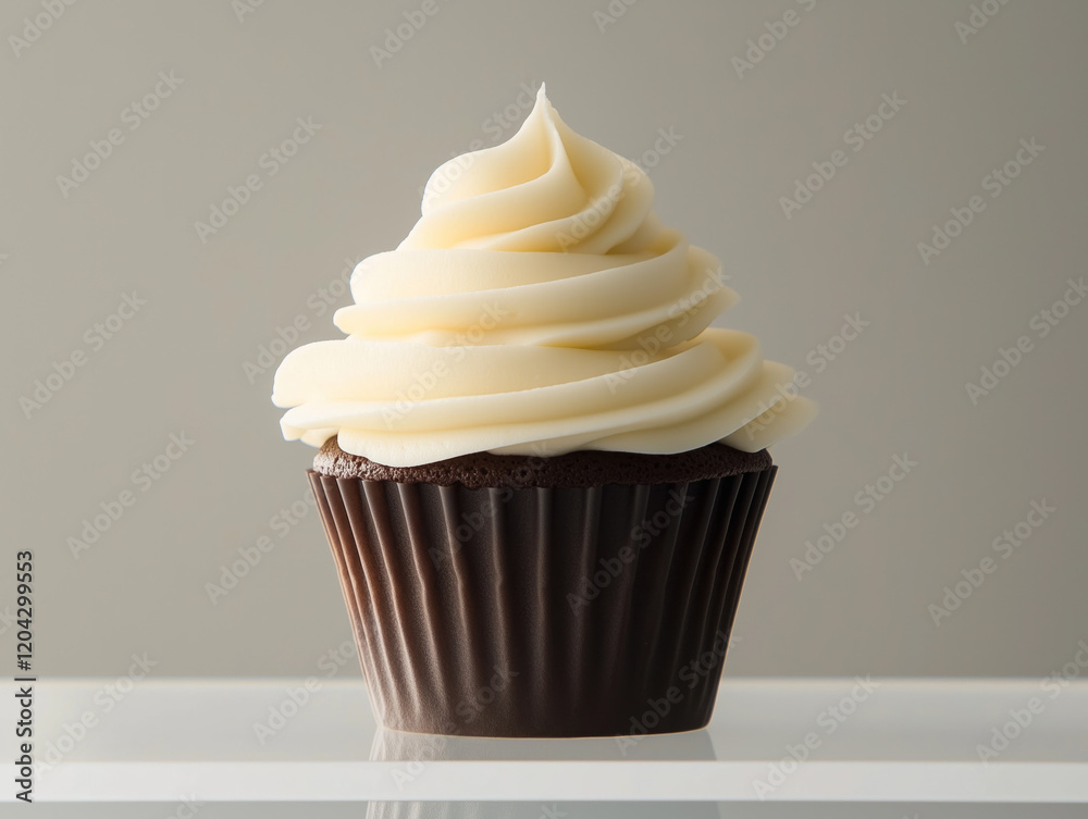 Chocolate Cupcake with Vanilla Frosting on Neutral Background
