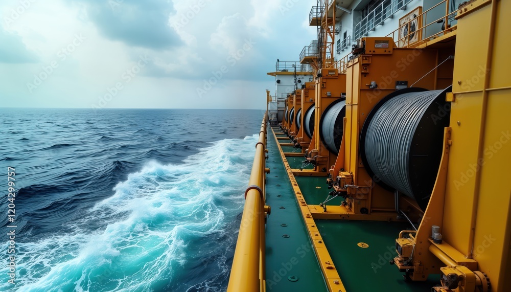Large ship at sea lays fiber-optic cable into ocean. Advanced tech equipment on deck handles cable smoothly. Massive spooling machinery visible. Ocean waves gently crash against ship. Maritime tech Large ship at sea lays fiber-optic cable into ocean. Advanced tech equipment on deck handles cable smoothly. Massive spooling machinery visible. Ocean waves gently crash against ship. Maritime tech