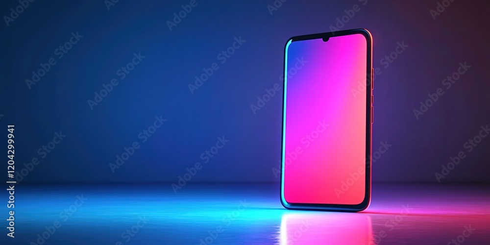 A blank smartphone standing upright on its side, glowing with vibrant neon colors against an empty background. A blank smartphone standing upright on its side, glowing with vibrant neon colors against an empty background.