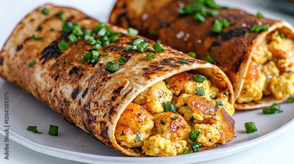 Delicious breakfast burritos with eggs and spices, close-up shot on a plate, perfect for a food blog or recipe website Delicious breakfast burritos with eggs and spices, close-up shot on a plate, perfect for a food blog or recipe website
